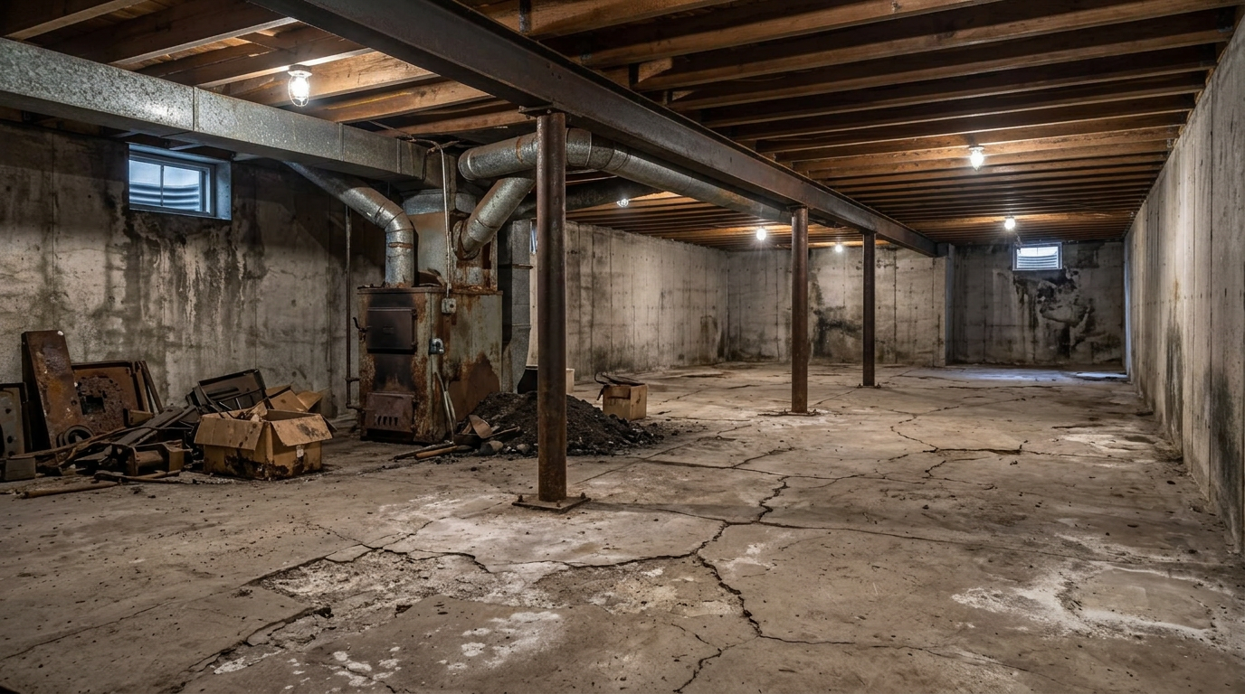 Illustrative cluttered Bowness basement with old furnace, cracked slab and low ceiling
