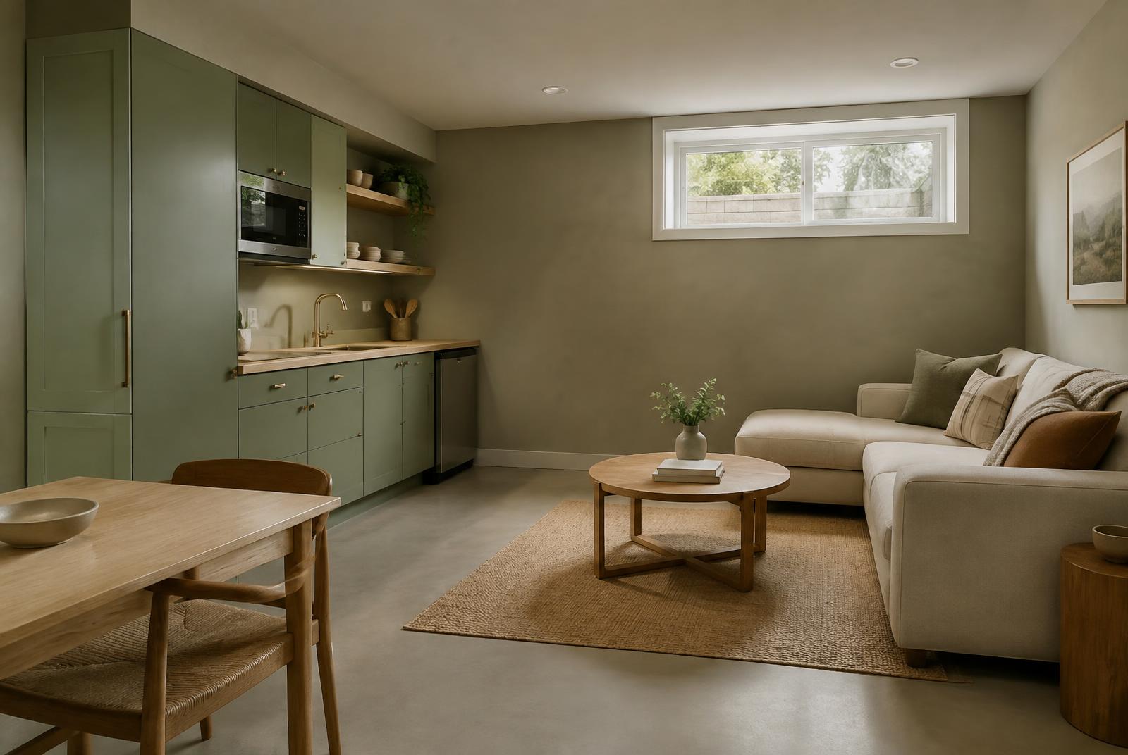 Concept of a restrained future suite with green kitchenette and living area
