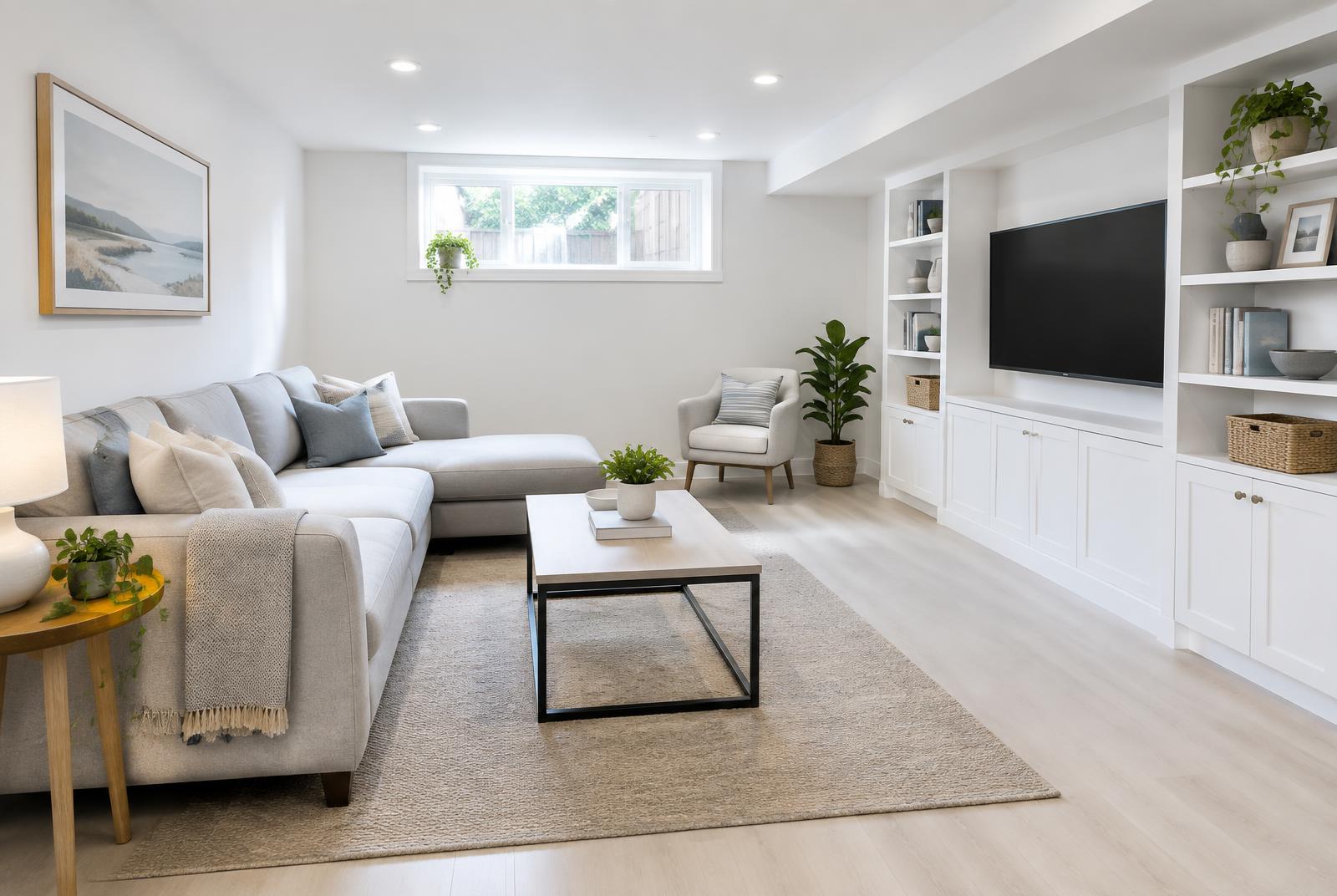 Concept of a bright renovated basement family room with built-in shelving