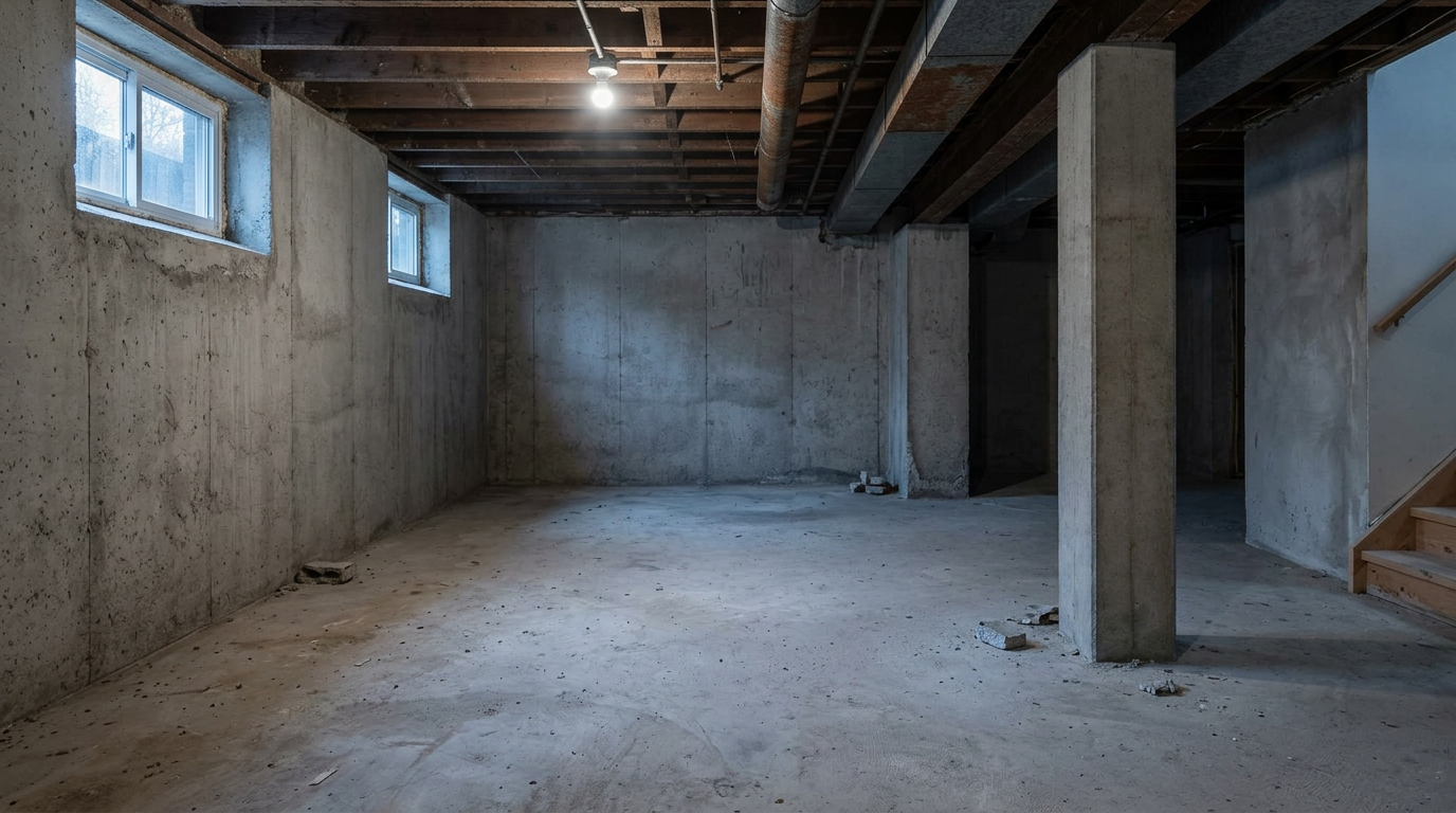 Illustrative unfinished Upper Mount Royal basement with low ceiling, exposed joists and bare concrete