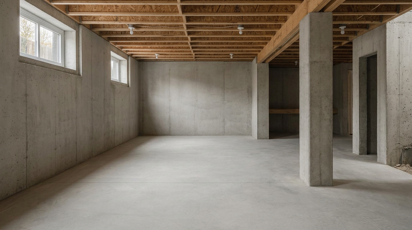 Illustrative completed structural shell with new concrete walls and slab in the same basement